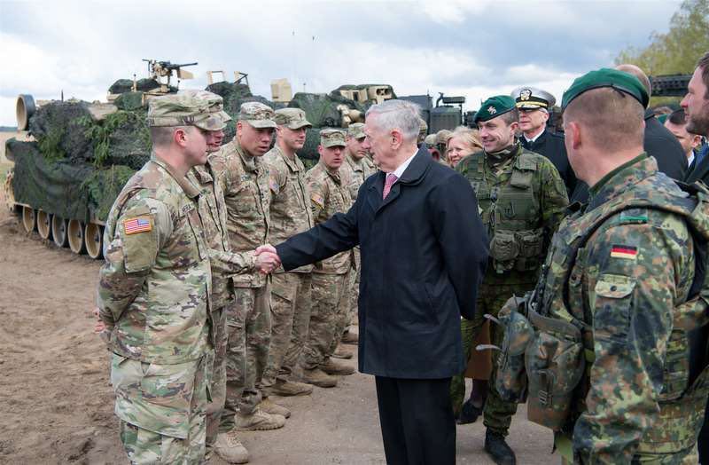 mattis with nato troops in europe